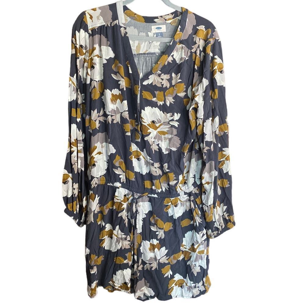 Old Navy Women's Large Gray Floral Drawstring Romper Bishop Sleeves